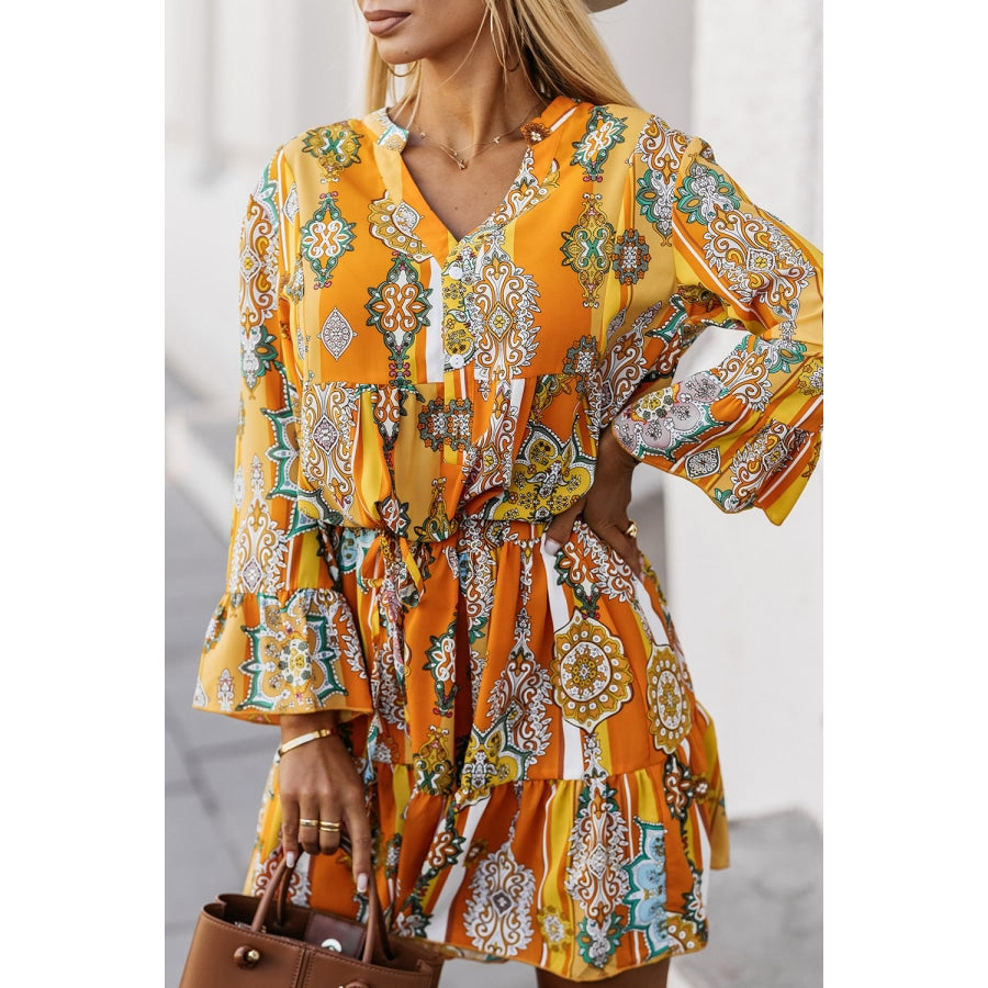 Printed Notched Neck Flounce Sleeve Dress