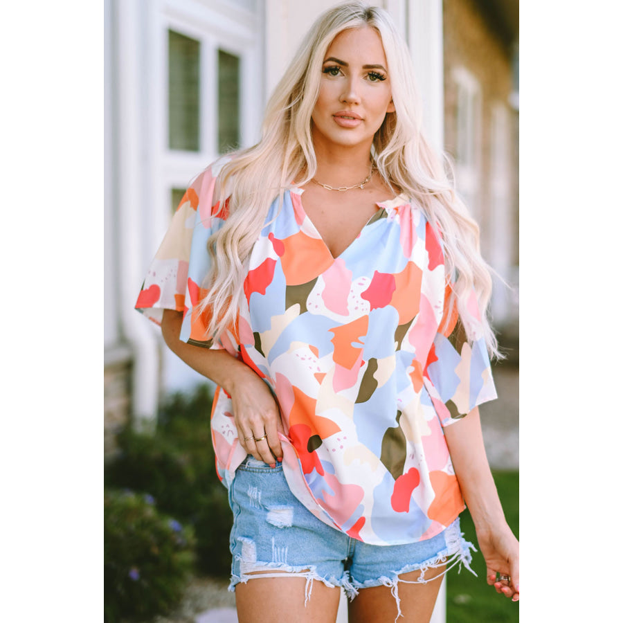 Printed Notched Neck Half Sleeve Blouse Multicolor / S