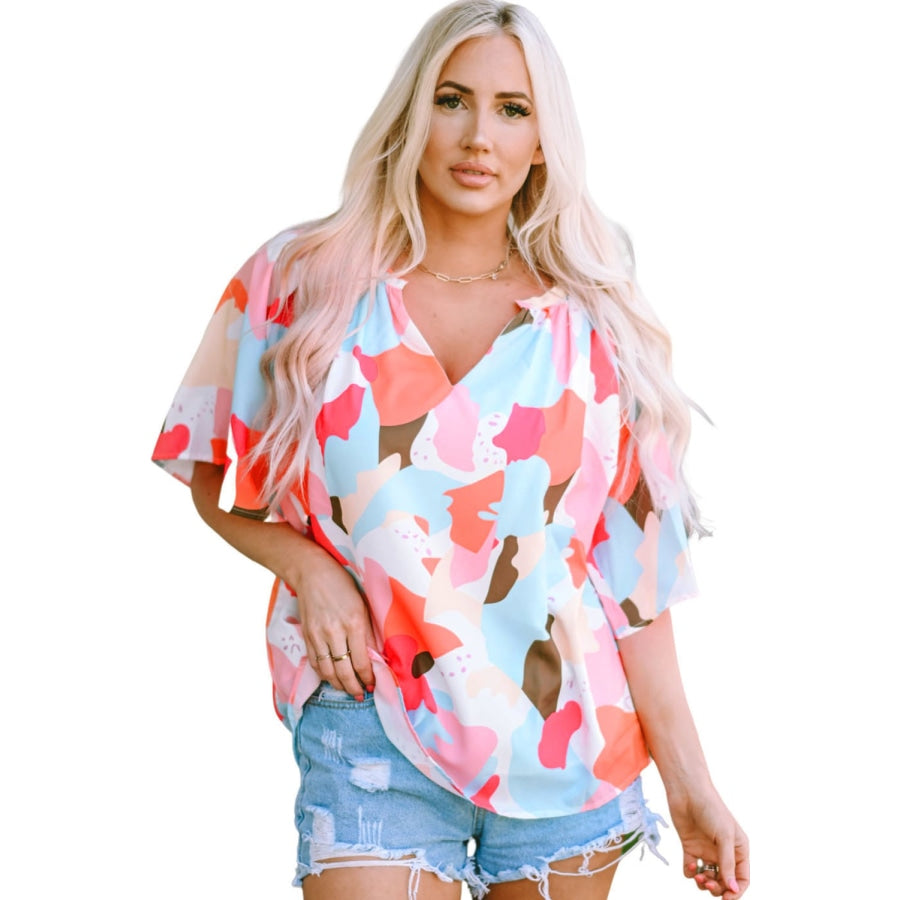 Printed Notched Neck Half Sleeve Blouse