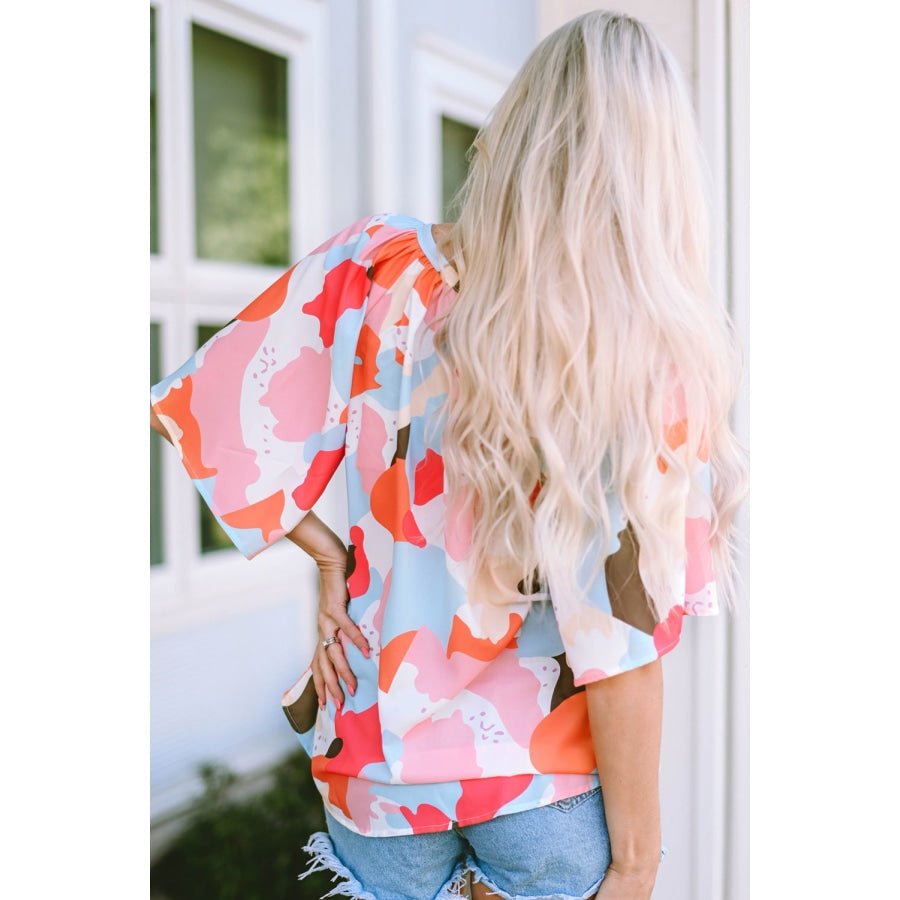 Printed Notched Neck Half Sleeve Blouse