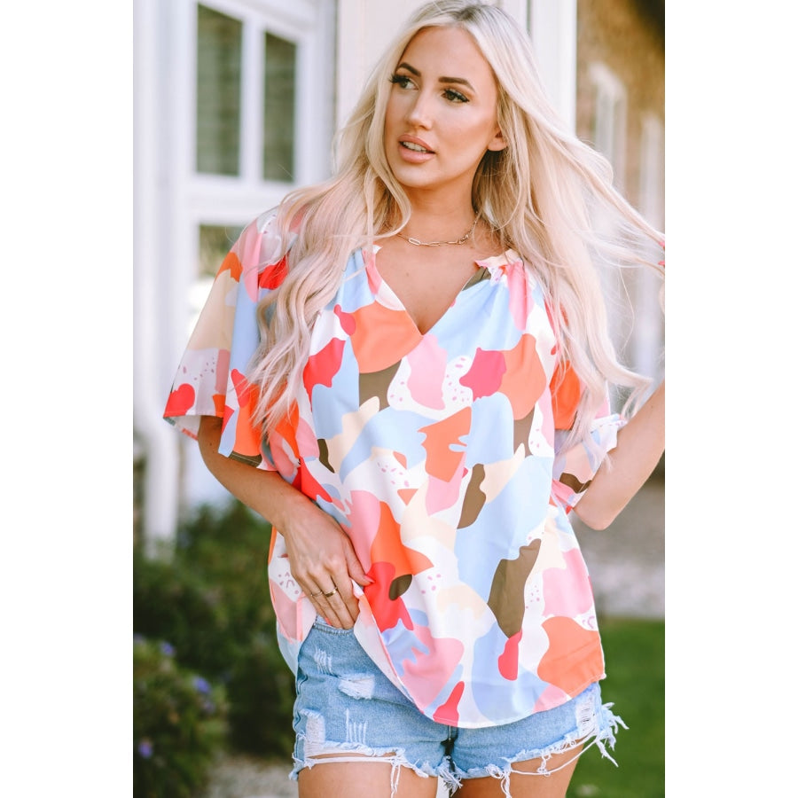 Printed Notched Neck Half Sleeve Blouse