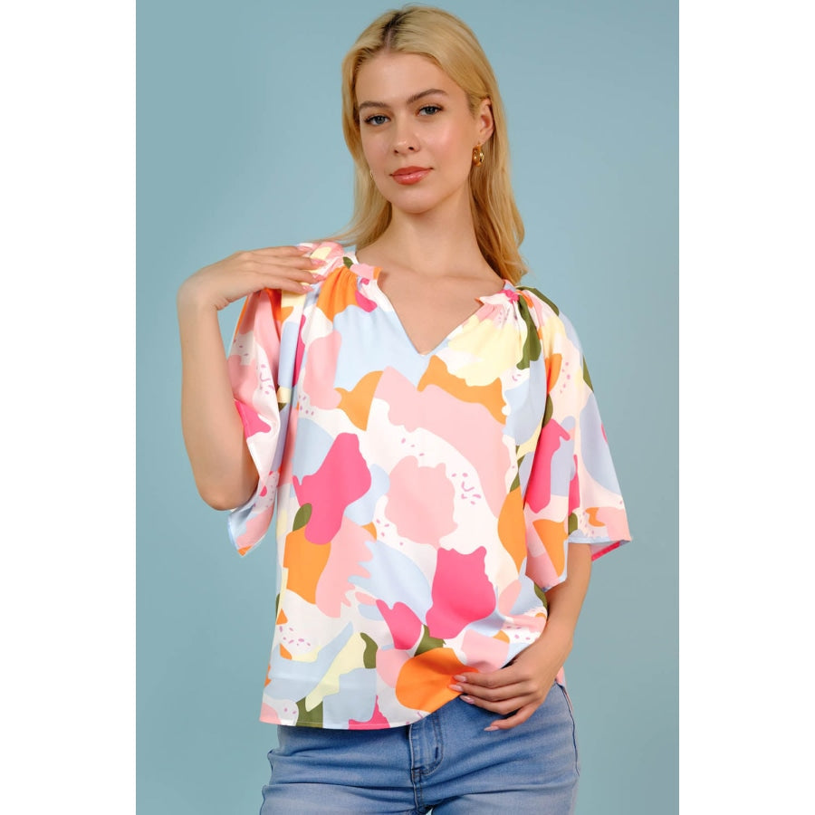 Printed Notched Neck Half Sleeve Blouse