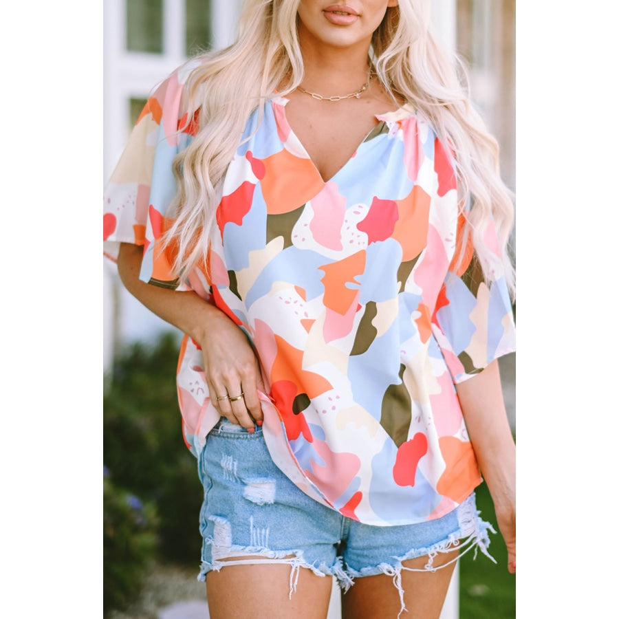 Printed Notched Neck Half Sleeve Blouse