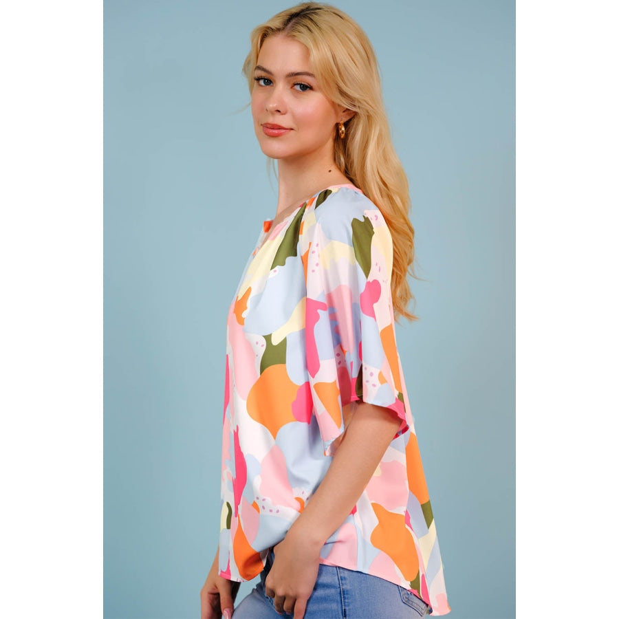 Printed Notched Neck Half Sleeve Blouse