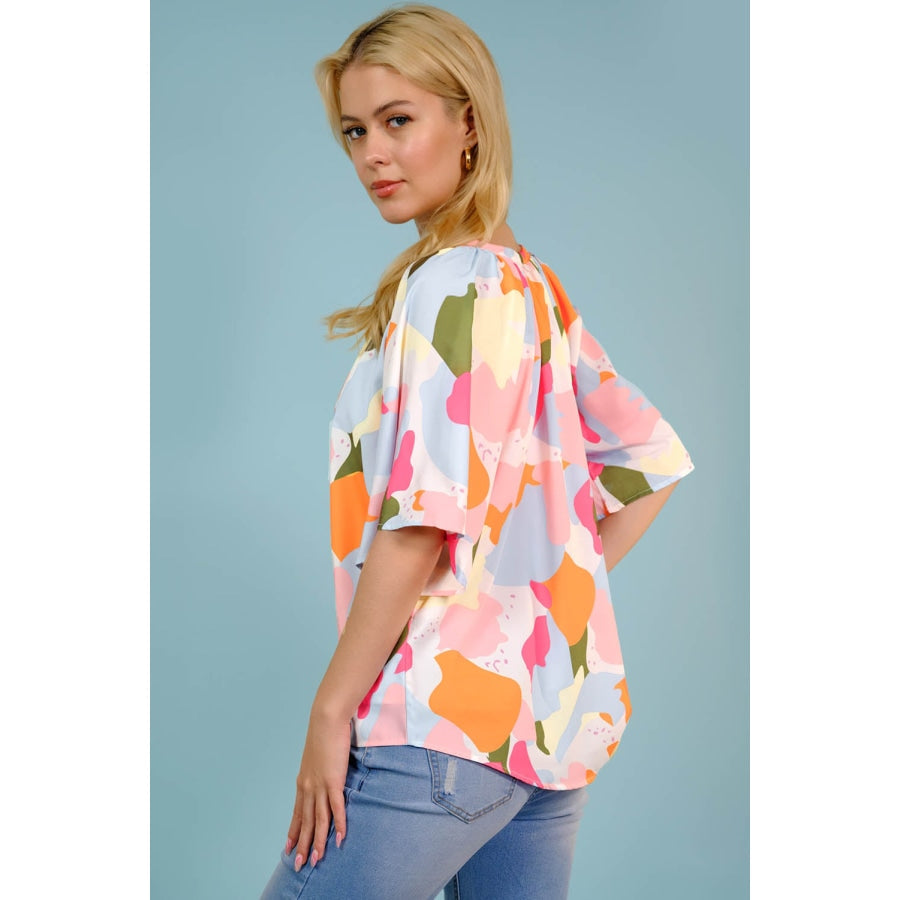 Printed Notched Neck Half Sleeve Blouse