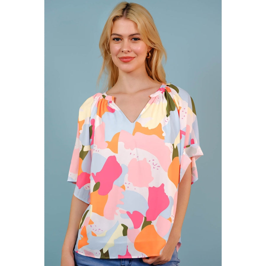 Printed Notched Neck Half Sleeve Blouse