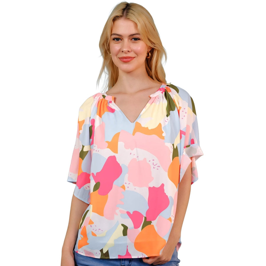 Printed Notched Neck Half Sleeve Blouse