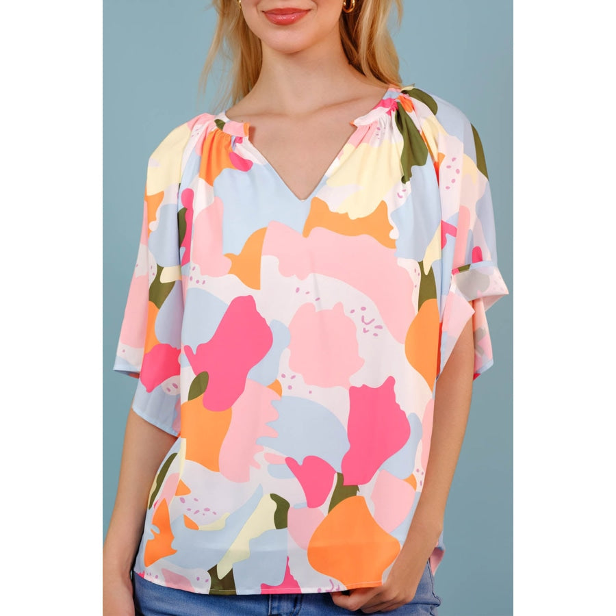 Printed Notched Neck Half Sleeve Blouse