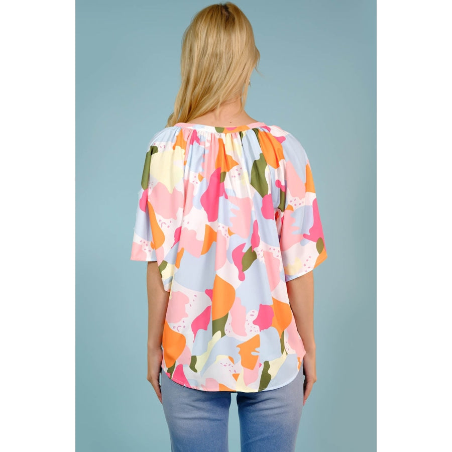 Printed Notched Neck Half Sleeve Blouse