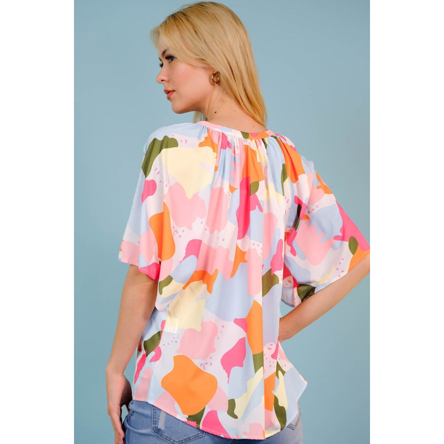 Printed Notched Neck Half Sleeve Blouse