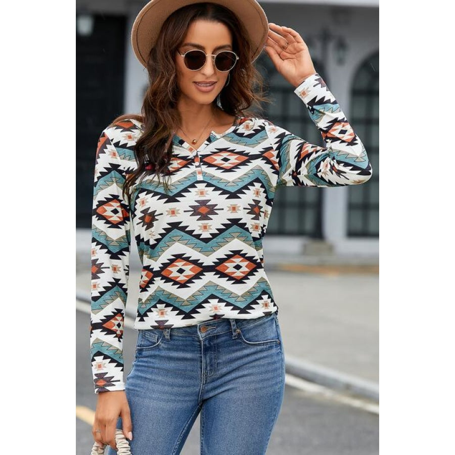 Printed Notched Neck Long Sleeve Top