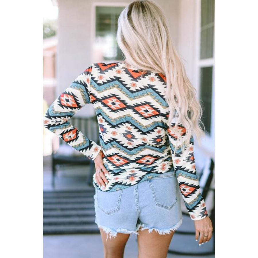 Printed Notched Neck Long Sleeve Top