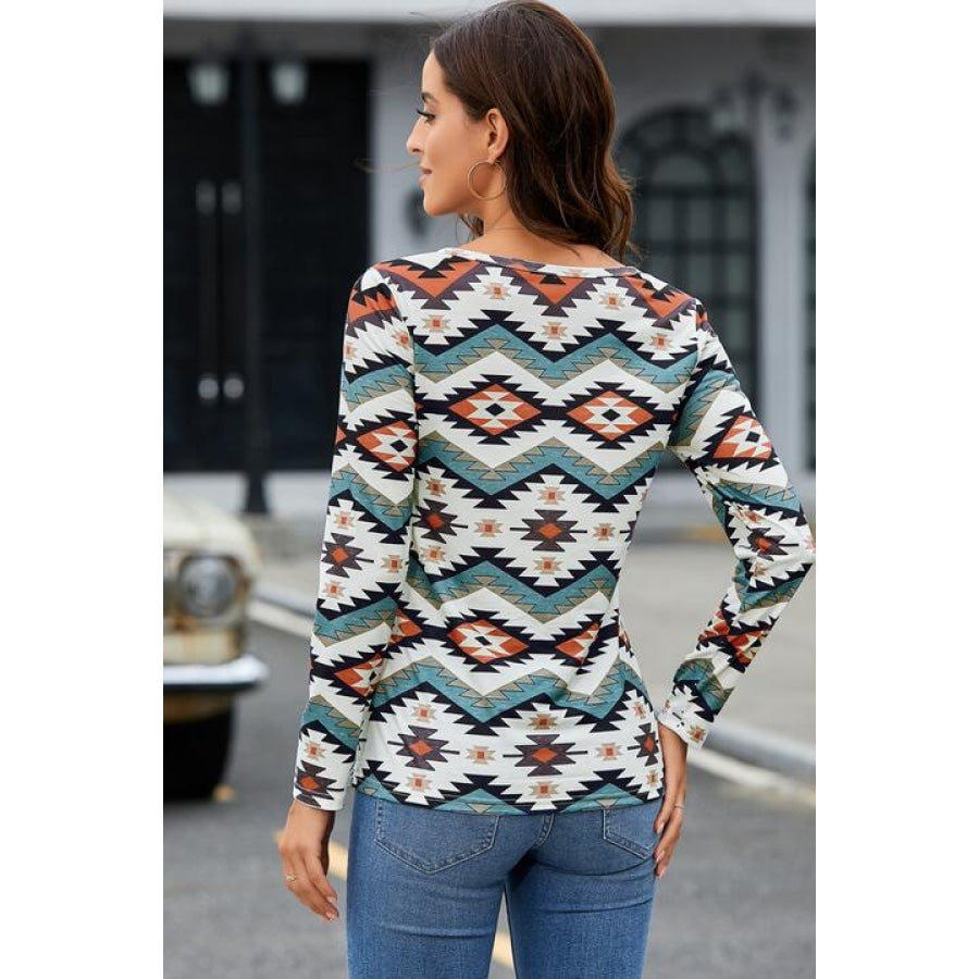 Printed Notched Neck Long Sleeve Top