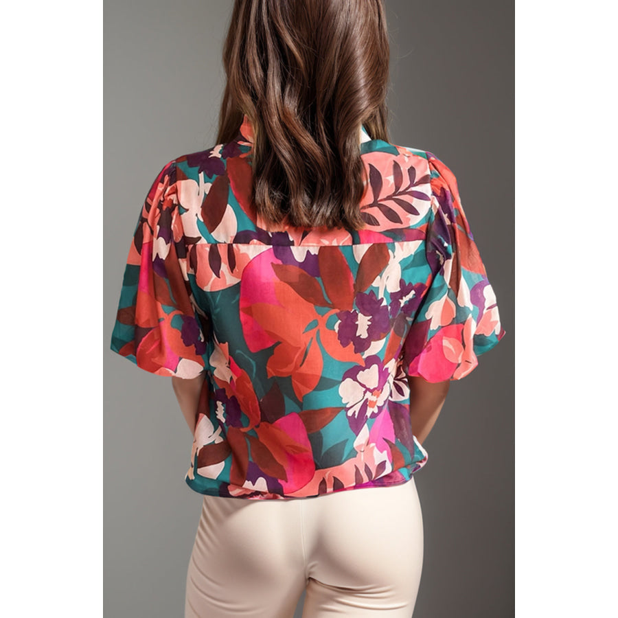 Printed Notched Puff Sleeve Blouse Apparel and Accessories