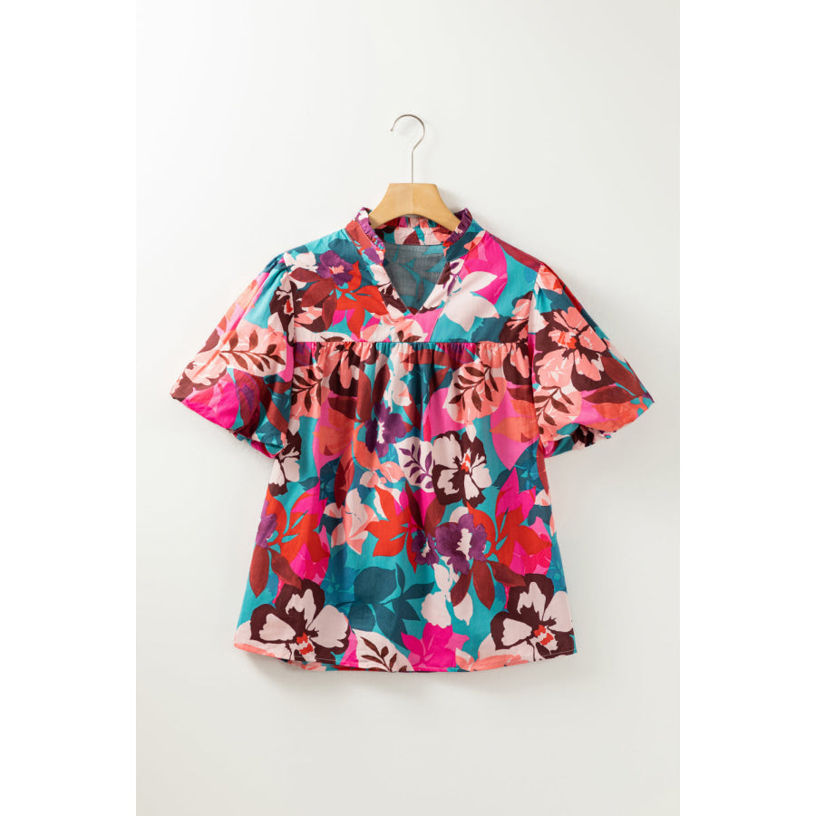 Printed Notched Puff Sleeve Blouse Apparel and Accessories