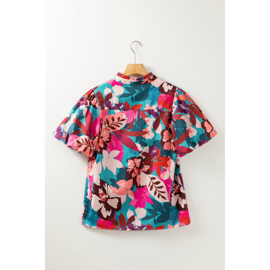 Printed Notched Puff Sleeve Blouse Apparel and Accessories