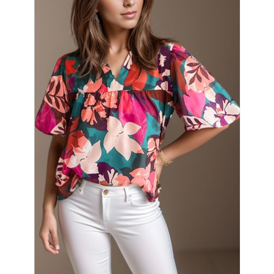 Printed Notched Puff Sleeve Blouse Multicolor / S Apparel and Accessories