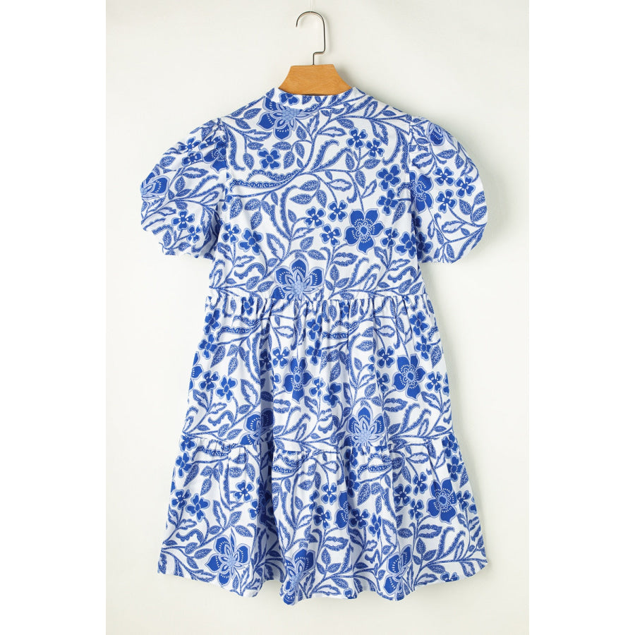 Printed Notched Puff Sleeve Dress Apparel and Accessories