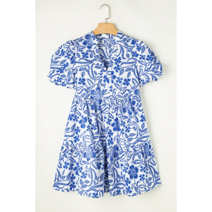 Printed Notched Puff Sleeve Dress Royal Blue / S Apparel and Accessories