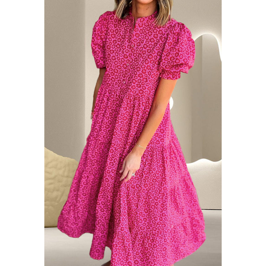 Printed Notched Puff Sleeve Midi Dress Apparel and Accessories