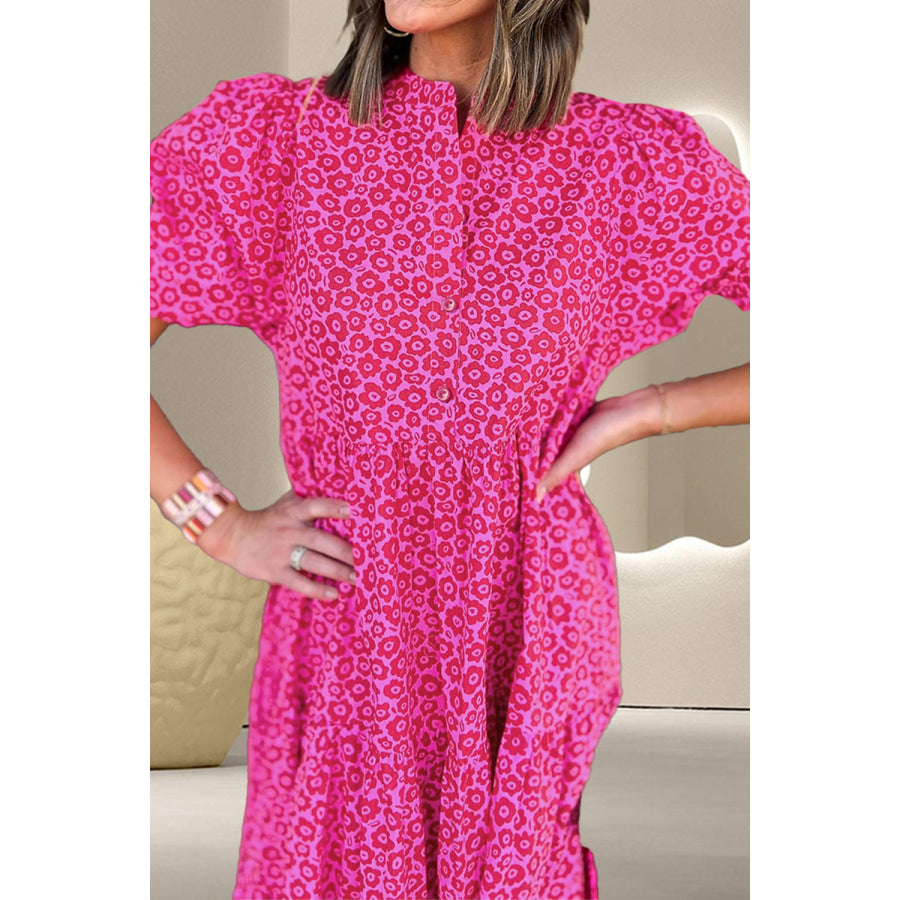 Printed Notched Puff Sleeve Midi Dress Apparel and Accessories