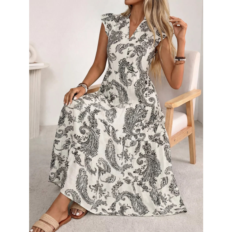 Printed Notched Ruffle Sleeve Maxi Dress Apparel and Accessories