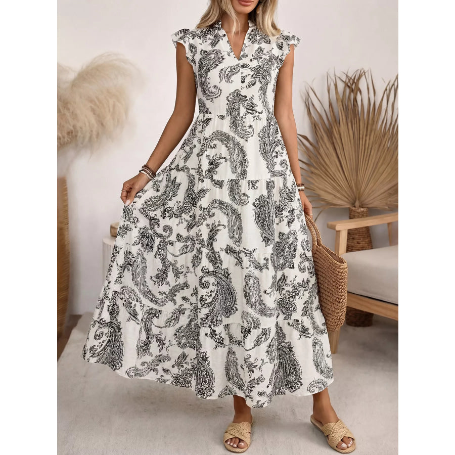 Printed Notched Ruffle Sleeve Maxi Dress Apparel and Accessories