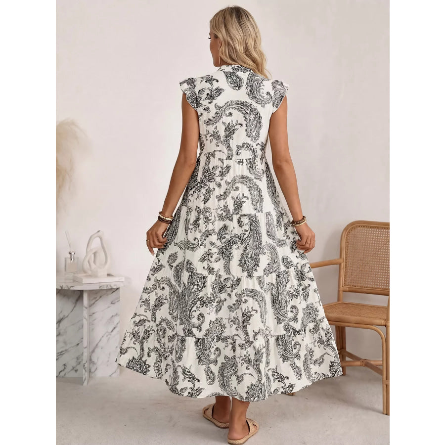 Printed Notched Ruffle Sleeve Maxi Dress Apparel and Accessories
