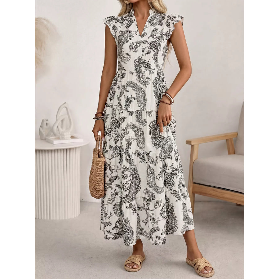Printed Notched Ruffle Sleeve Maxi Dress Apparel and Accessories