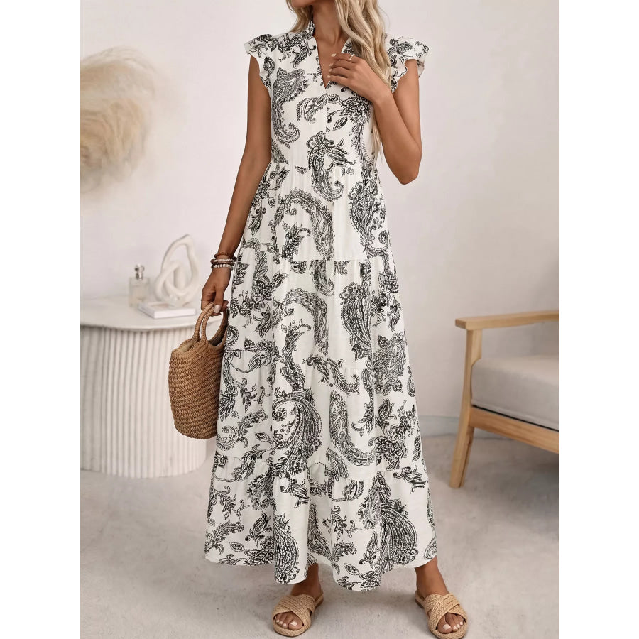 Printed Notched Ruffle Sleeve Maxi Dress Black / S Apparel and Accessories