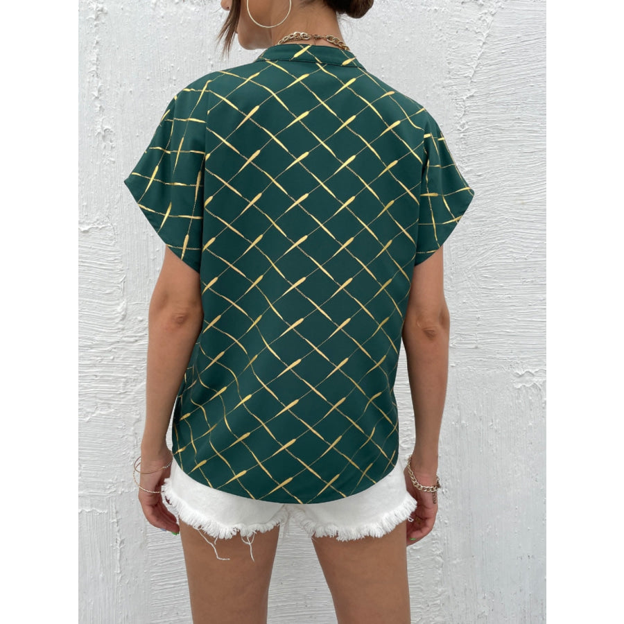 Printed Notched Short Sleeve Blouse Green / S Apparel and Accessories