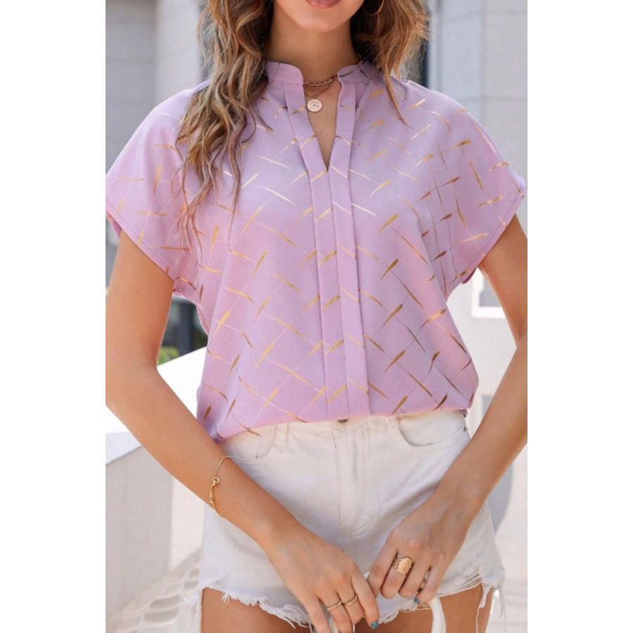 Printed Notched Short Sleeve Blouse Apparel and Accessories