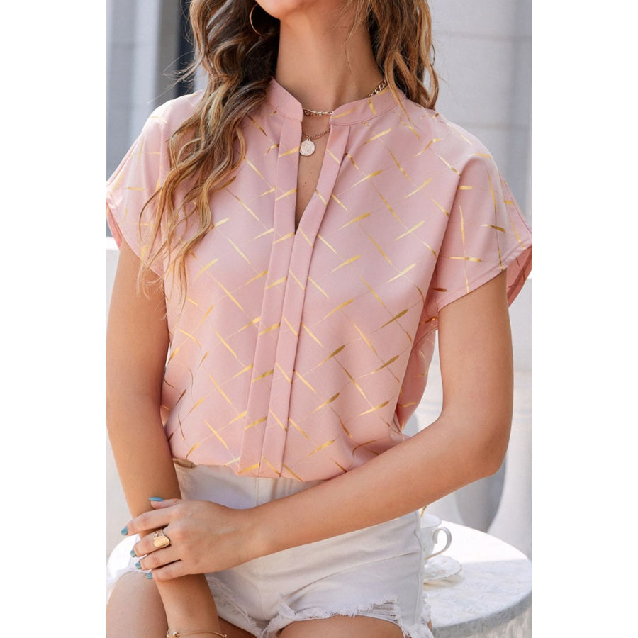 Printed Notched Short Sleeve Blouse Apparel and Accessories