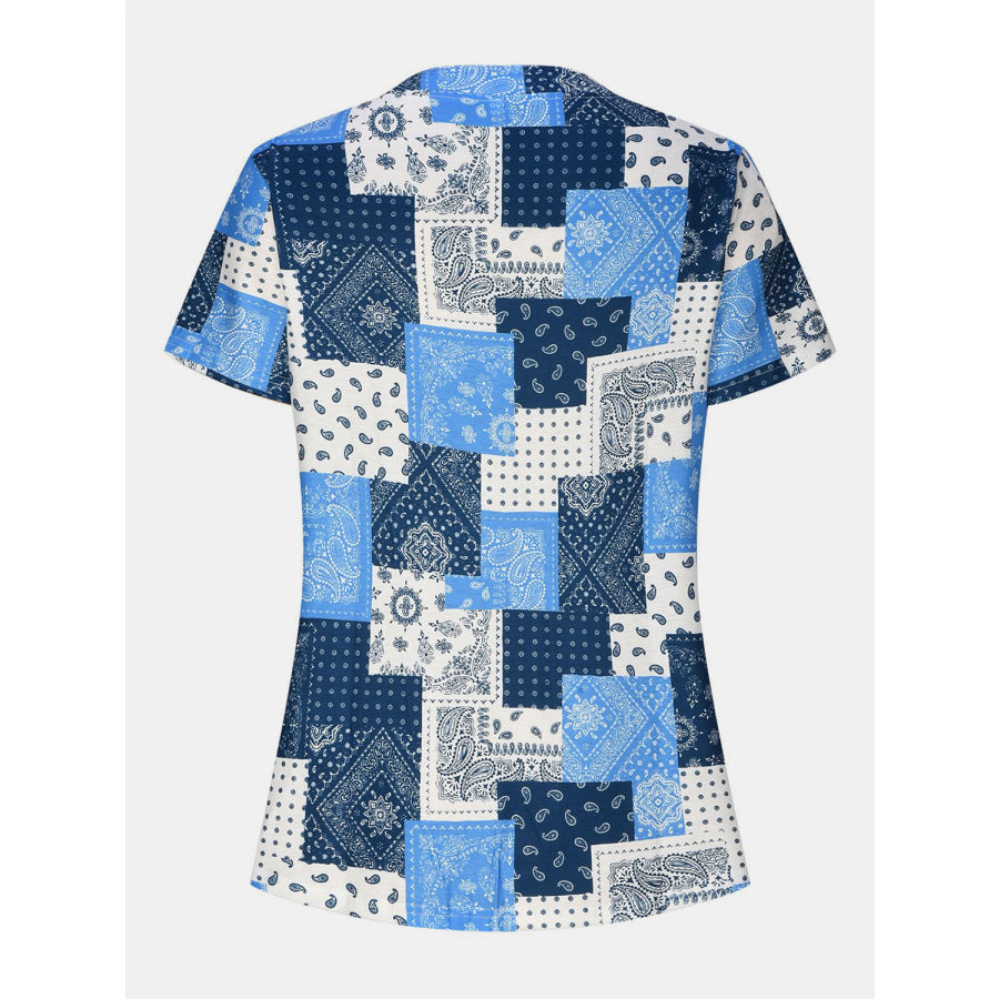 Printed Notched Short Sleeve Blouse Apparel and Accessories