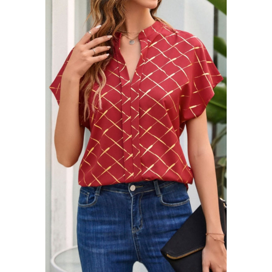 Printed Notched Short Sleeve Blouse Apparel and Accessories