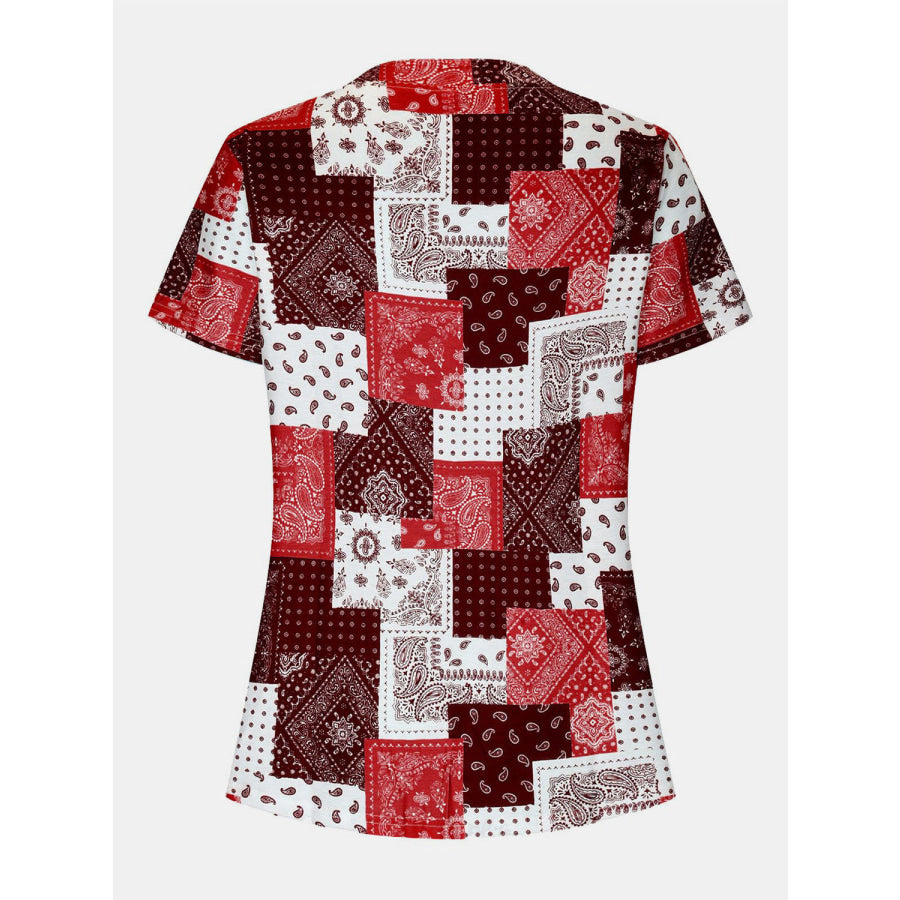 Printed Notched Short Sleeve Blouse Apparel and Accessories