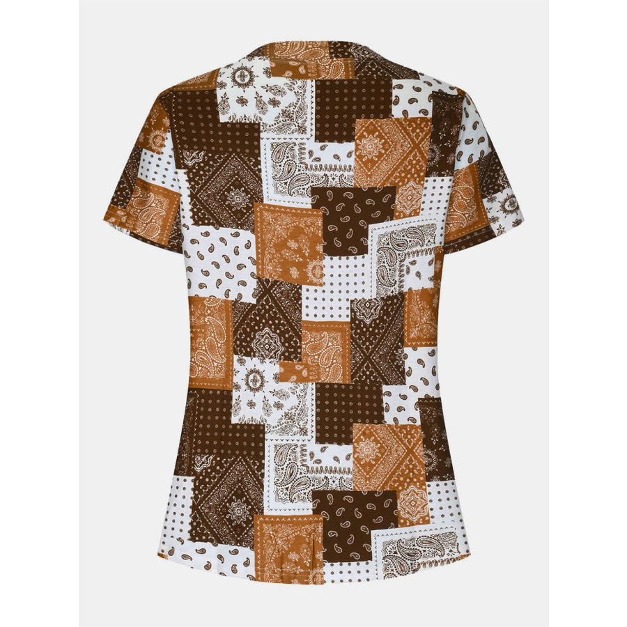 Printed Notched Short Sleeve Blouse Apparel and Accessories