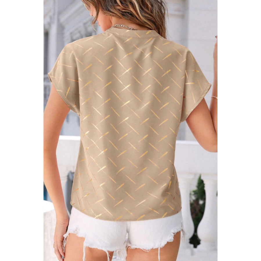 Printed Notched Short Sleeve Blouse Apparel and Accessories