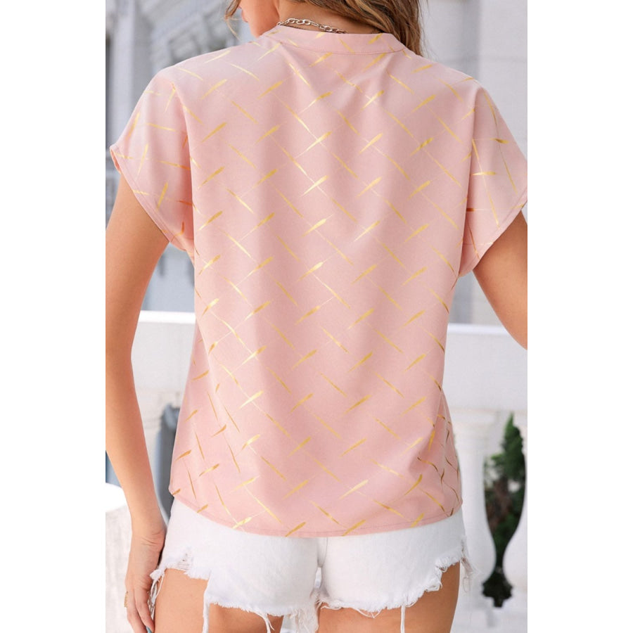 Printed Notched Short Sleeve Blouse Apparel and Accessories