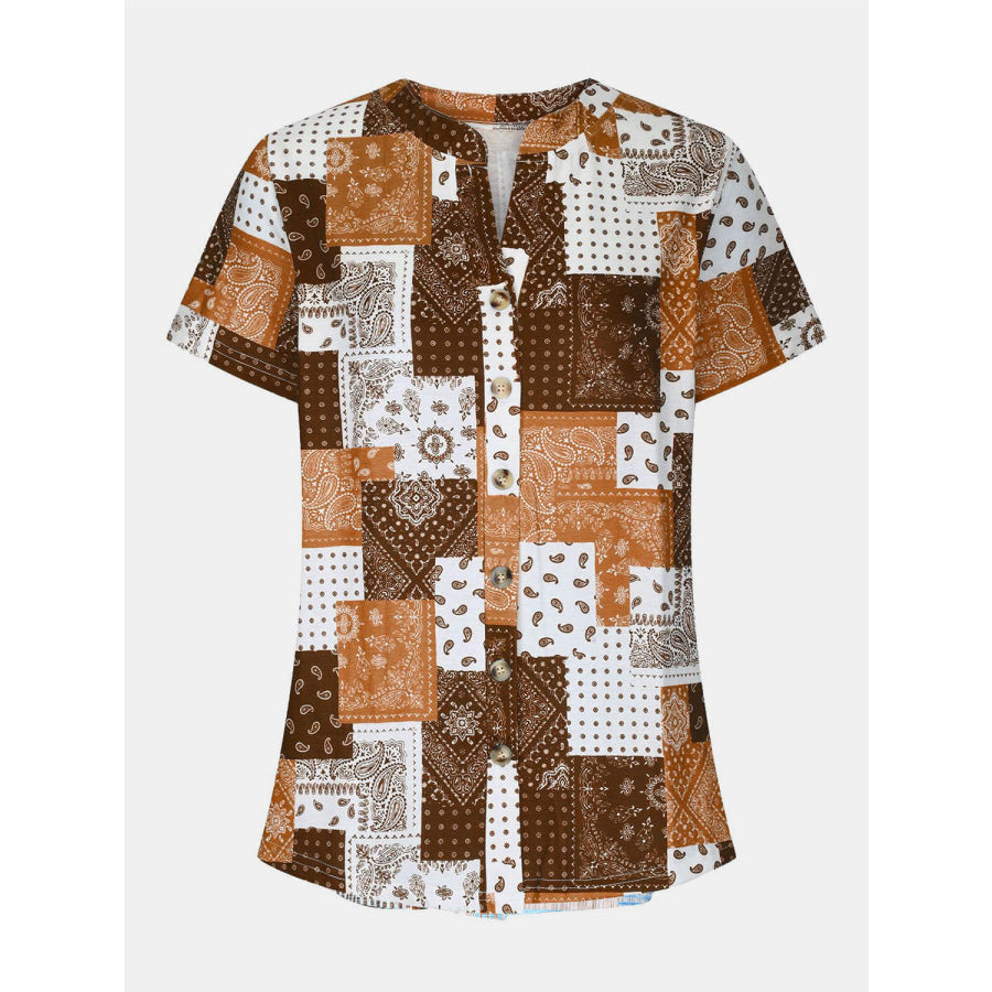 Printed Notched Short Sleeve Blouse Apparel and Accessories