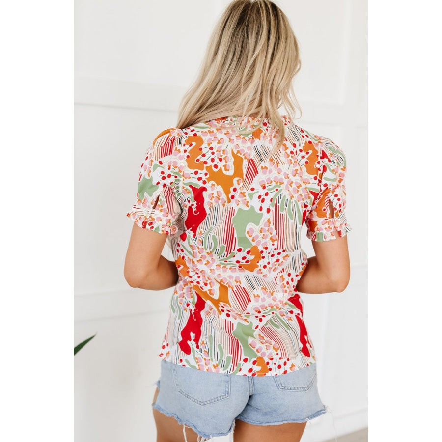 Printed Notched Short Sleeve Blouse Apparel and Accessories