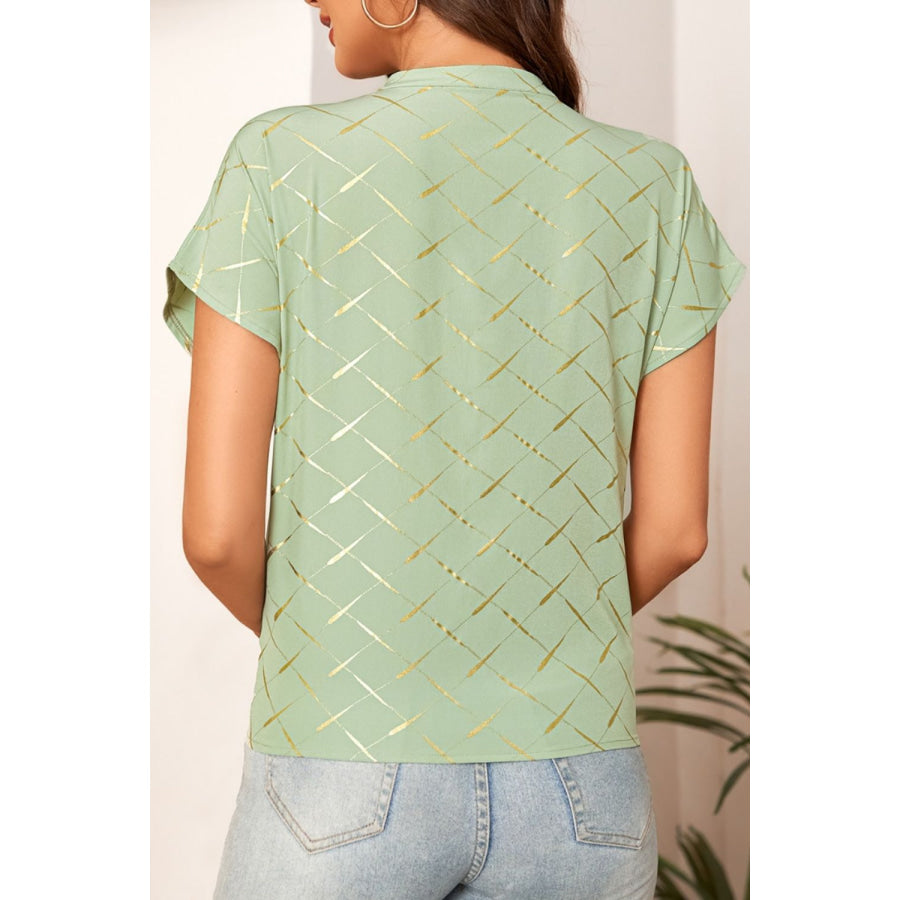 Printed Notched Short Sleeve Blouse Apparel and Accessories