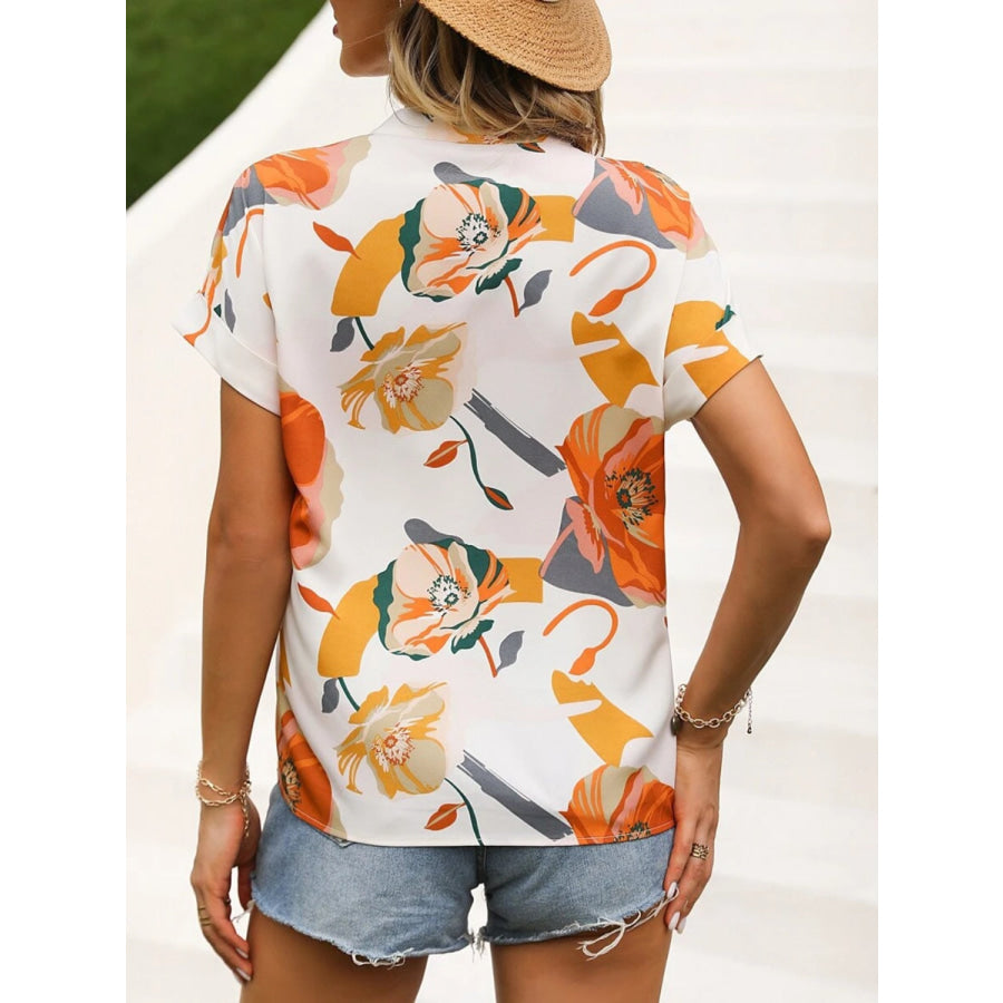 Printed Notched Short Sleeve Blouse Apparel and Accessories