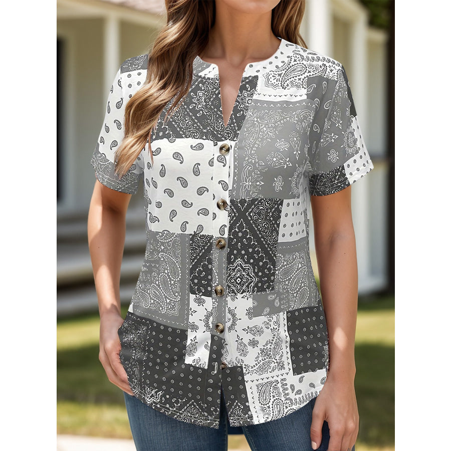 Printed Notched Short Sleeve Blouse Apparel and Accessories