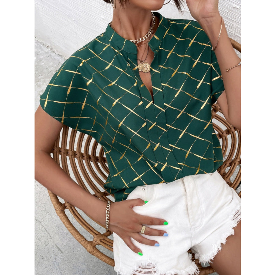 Printed Notched Short Sleeve Blouse Apparel and Accessories