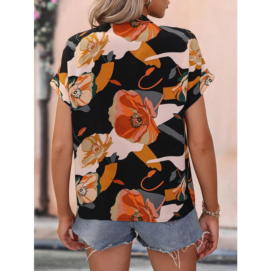 Printed Notched Short Sleeve Blouse Black / S Apparel and Accessories