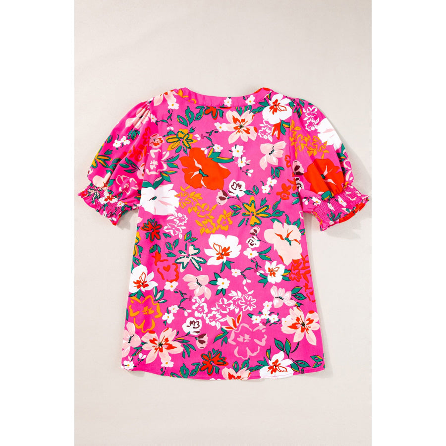 Printed Notched Short Sleeve Blouse Apparel and Accessories