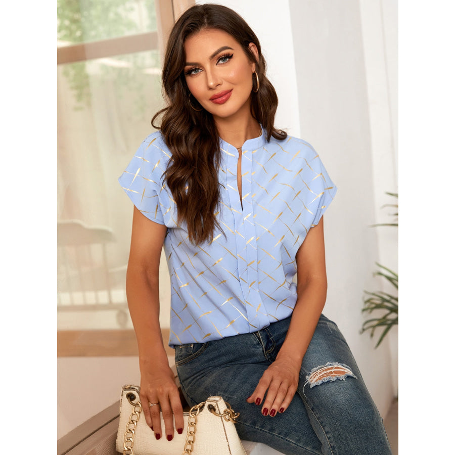 Printed Notched Short Sleeve Blouse Apparel and Accessories