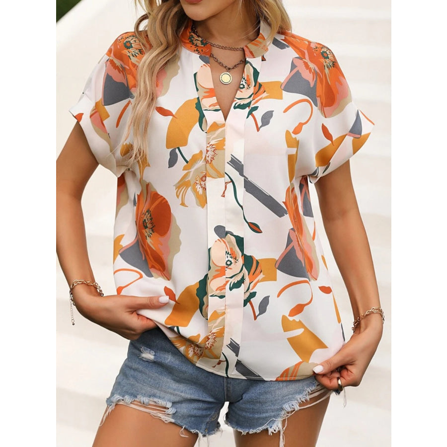 Printed Notched Short Sleeve Blouse Apparel and Accessories