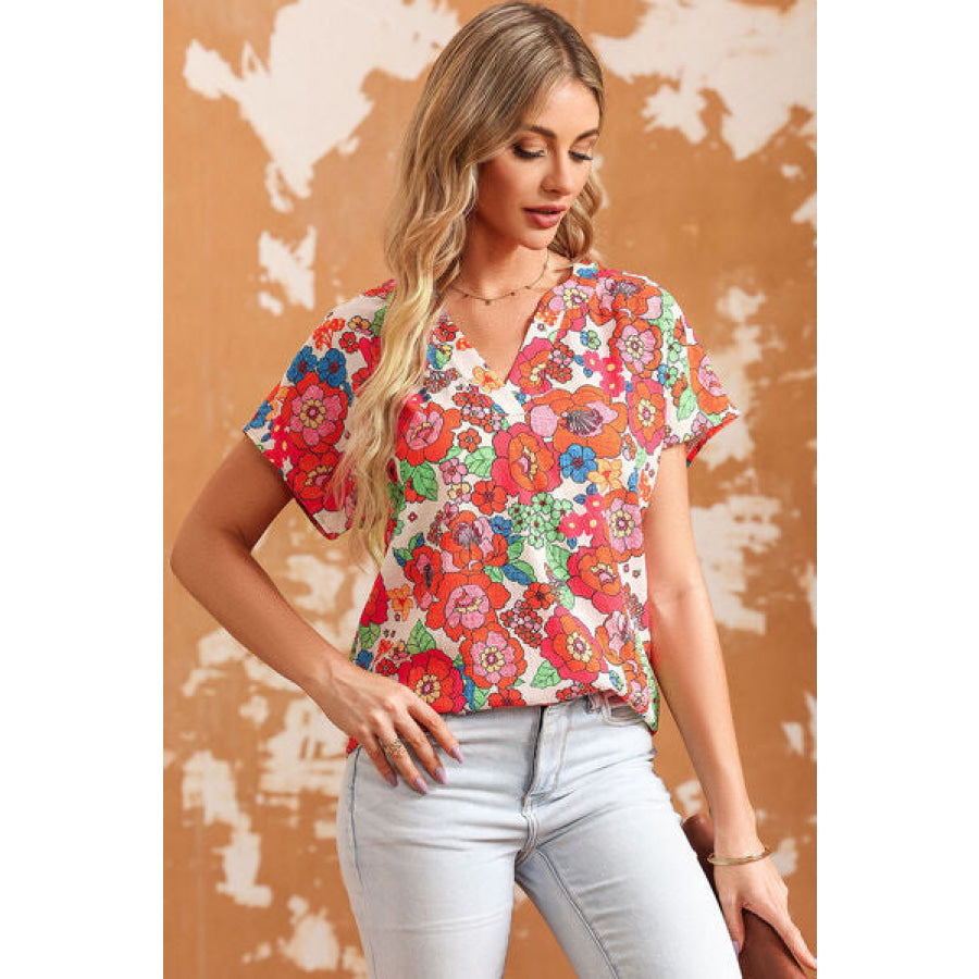 Printed Notched Short Sleeve Blouse Apparel and Accessories